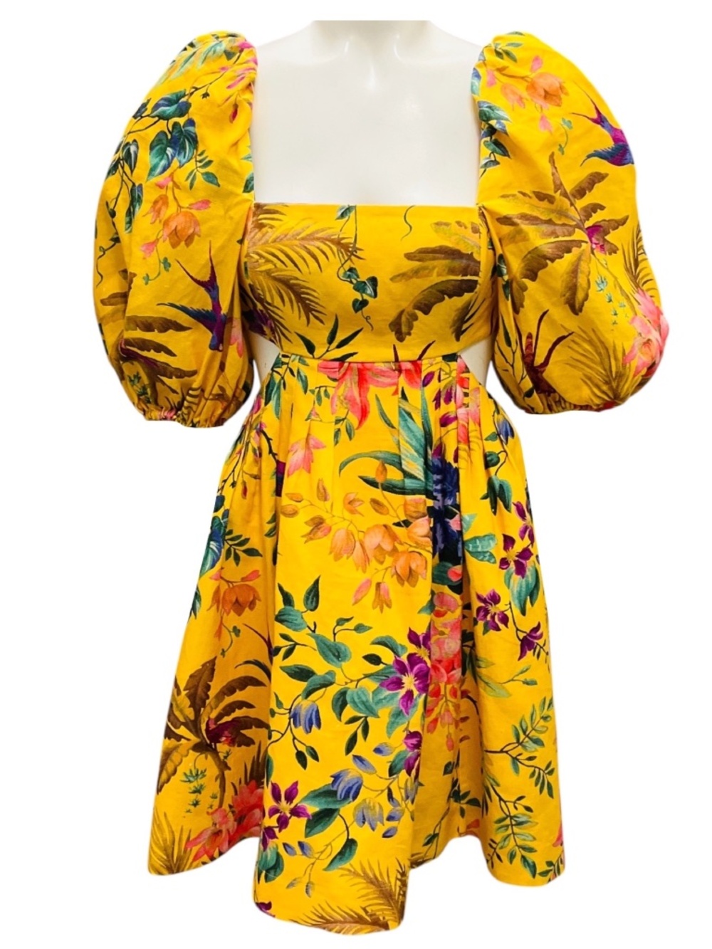 ZIMMERMANN YELLOW MULTICOLOR TROPICANA FLORAL PRINTED LINEN CUT OUT MINI DRESS